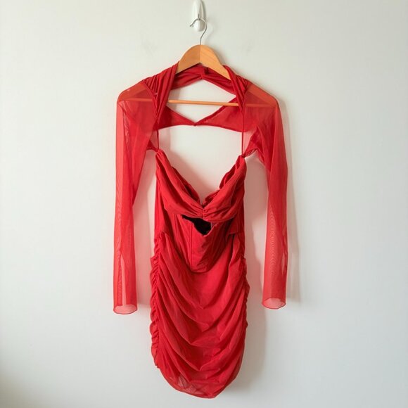 Oh Polly Nirvana Long Sleeved Ruched Mini Dress NWT Red Size 10 - Picture 4 of 9